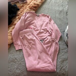 adidas essentials pink cropped Crewneck Sweat set